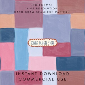 May include: A digital art seamless pattern featuring a patchwork design of colorful rectangular blocks in shades of pink, blue, red, and orange. The image includes text that reads "JPG FORMAT", "HIGH RESOLUTION", "HAND DRAW SEAMLESS PATTERN", "SONKO DESIGN STORE", "INSTANT DOWNLOAD", and "COMMERCIAL USE".