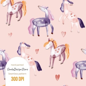 Cute Watercolor Horse Seamless Pattern, Animalistic Children&#39;s Fabric design, Digital Princess Surface, Pink Background
