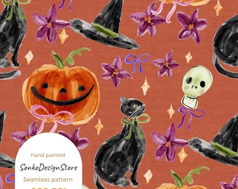 Watercolor Halloween Pattern: Spooky Black Cat Seamless Design (Digital Download)