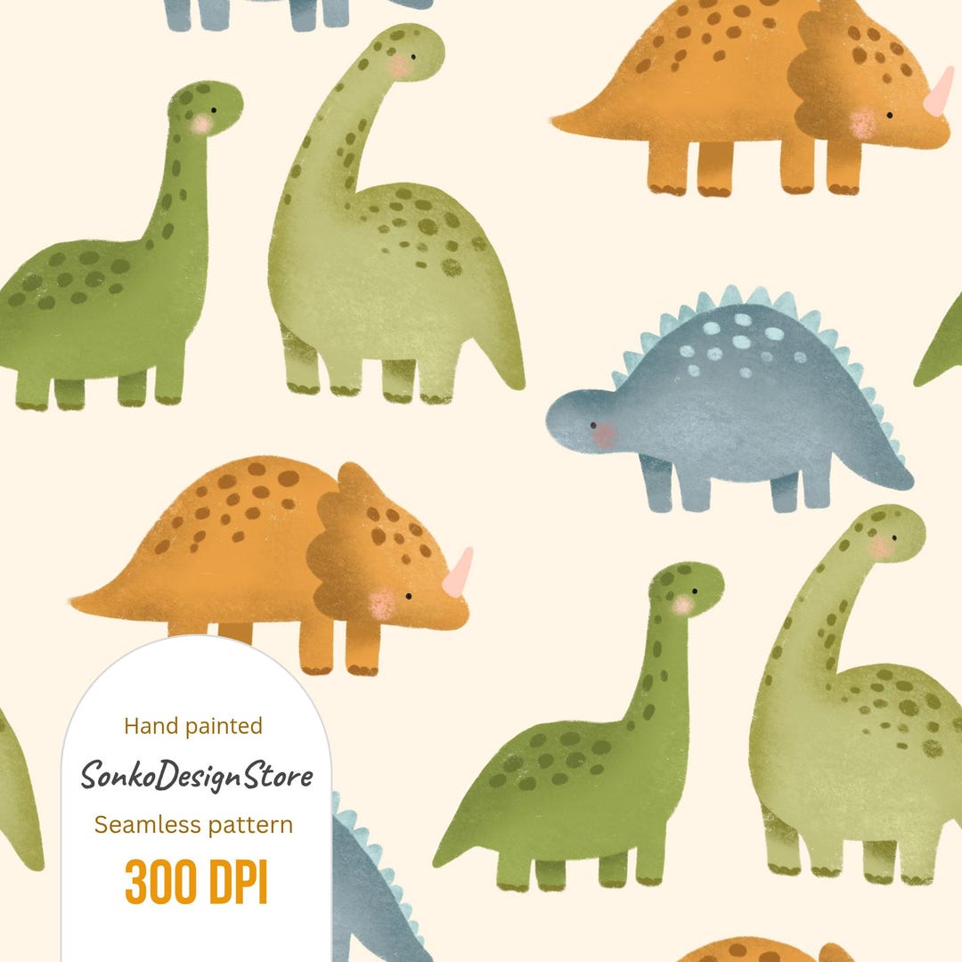 Dinosaurs Seamless Pattern, Hand-painted Fabric Design (digital ...