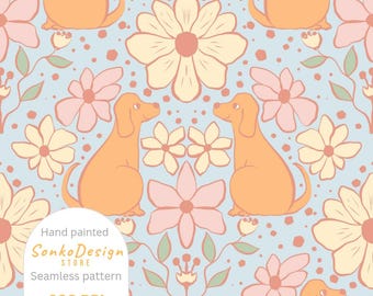 Dog and Flowers Seamless Pattern: Hand-Painted Digital Paper (Commercial Use, Instant Download)