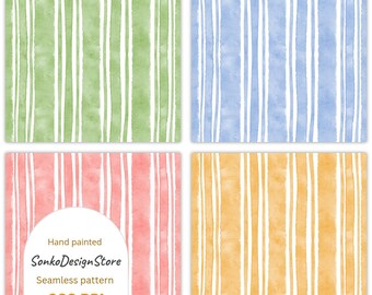May include: Four watercolor backgrounds with vertical white stripes on green, blue, pink, and yellow. The image includes the text "Hand painted SonkoDesignStore Seamless pattern 300 DPI".