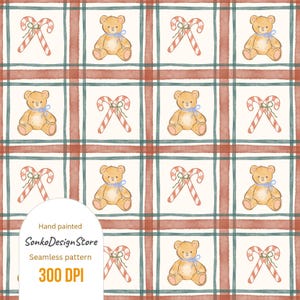 May include: Watercolor seamless pattern featuring teddy bears with blue bows and candy canes on a plaid background. The pattern includes the text "Hand painted SonkoDesignStore Seamless pattern 300 DPI".