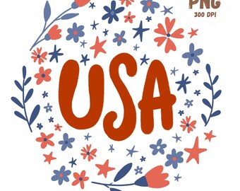 Patriotic USA PNG: July 4th Stars & Flowers Clipart (Digital Download)