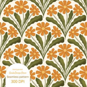 Könnte beinhalten: Ein nahtloses Muster mit orangefarbenen Blumen und grünen Blättern auf cremefarbenem Hintergrund. Das Design ist handgemalt und enthält den Text "SonkoDesignStore" und "Seamless pattern 300 DPI".