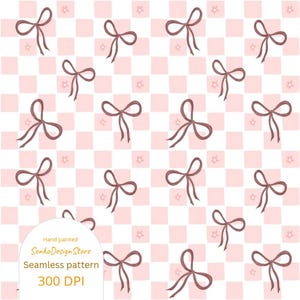 Coquette roze strikken op geruit naadloos patroon, Girlie-sublimatie, Handgetekende patroon, Commercieel gebruik