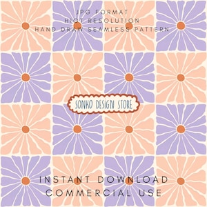 May include: A seamless pattern design featuring a grid of stylized daisy flowers in alternating peach and lavender colors on a cream background. The image includes the text "JPG FORMAT", "HIGH RESOLUTION", "HAND DRAW SEAMLESS PATTERN", "SONKO DESIGN STORE", "INSTANT DOWNLOAD", and "COMMERCIAL USE".