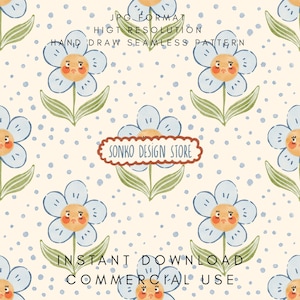 May include: A seamless pattern of light blue flowers with smiling faces, green leaves, and a beige background with blue dots. The text "SONKO DESIGN STORE" is in a brown banner. Additional text includes "JPG FORMAT", "HIGH RESOLUTION", "HAND DRAW SEAMLESS PATTERN", "INSTANT DOWNLOAD", and "COMMERCIAL USE".