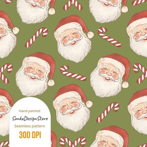 May include: A seamless pattern featuring Santa Claus faces and candy canes on a green background. Santa wears a red hat and has a white beard. The text "Hand painted SonkoDesignStore Seamless pattern 300 DPI" is visible.