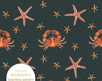 Hand-Painted Crab & Starfish Pattern: Seamless Underwater Digital Paper (JPG Download)