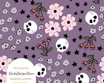 Patrón sin costuras de calavera floral de Halloween: Fondo morado (Uso comercial, descarga digital)