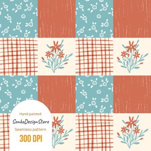 May include: A seamless pattern with a checkerboard design. The pattern features alternating squares of light blue with white floral accents, rust-colored vertical stripes, and cream-colored squares with red floral bouquets. The text "Hand painted", "SonkoDesignStore", "Seamless pattern", and "300 DPI" is visible.