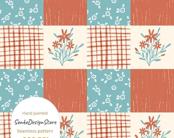 Floral kariertes nahtloses Muster, Patchwork Digital Design (sofortiger Download, kommerzielle Nutzung)