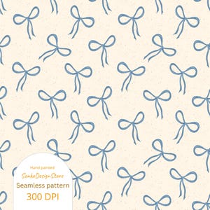 Könnte beinhalten: Nahtloses Muster mit handgemalten blauen Schleifen auf cremefarbenem Hintergrund. Die Schleifen sind gleichmäßig verteilt. Das Bild enthält den Text "Hand painted", "SonkoDesignStore", "Seamless pattern" und "300 DPI".