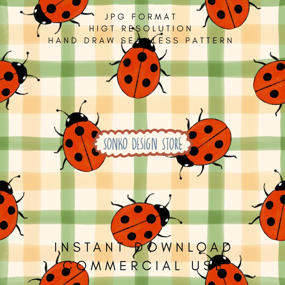Ladybug Repeat Pattern Ladybug on Gingham Seamless Repeat Pattern, Summer Fabric Design ...