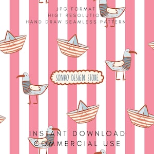 Puede incluir: Patrón sin costuras con gaviotas y barcos de papel dibujados a mano sobre un fondo de rayas rosas y blancas. El diseño incluye el texto "JPG FORMAT", "HIGT RESOLUTION", "HAND DRAW SEAMLESS PATTERN", "SONKO DESIGN STORE", "INSTANT DOWNLOAD" y "COMMERCIAL USE".