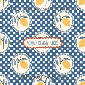 May include: Seamless pattern featuring a repeating design of yellow lemons with blue leaves inside a scalloped cream-colored circle. The background is a blue and white checkered pattern. The text "SONKO DESIGN STORE" is displayed on a brown banner.