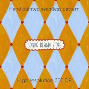 May include: A hand painted seamless pattern featuring a repeating diamond design in shades of orange and light blue, accented with small red dots at each intersection. The text reads Hand painted seamless pattern, SONKO DESIGN STORE, 300 DPI.