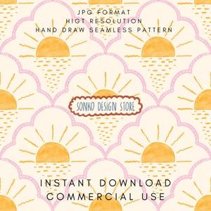 Könnte beinhalten: Ein nahtloses Muster mit Aquarellsonnen in Gelb- und Orangetönen auf cremefarbenem Hintergrund. Das Design umfasst rosa Muschelformen und den Text "SONKO DESIGN STORE". Das Bild enthält auch den Text "JPG FORMAT", "HIGT RESOLUTION", "HAND DRAW SEAMLESS PATTERN", "INSTANT DOWNLOAD" und "COMMERCIAL USE".