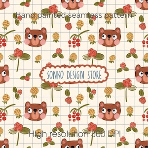May include: A seamless pattern featuring hand-painted brown bear faces with pink cheeks, red flowers, and yellow berries on a cream grid background. The text reads Hand painted seamless pattern, SONKO DESIGN STORE, and High resolution 300 DPI.