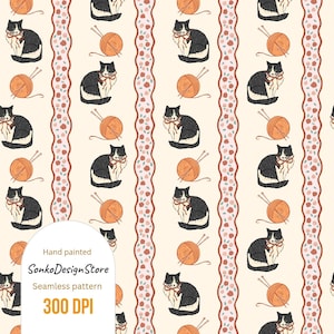 May include: Seamless pattern featuring black and white cats with red bows, yarn balls, and knitting needles. The design includes vertical stripes with floral and lace-like borders. The text "Hand painted SonkoDesignStore Seamless pattern 300 DPI" is visible.