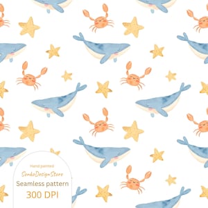 May include: A repeating pattern of blue whales, orange crabs, and yellow starfish on a white background. The design is hand-painted and labelled as a seamless pattern with a resolution of 300 DPI. The whales, crabs, and starfish are all cartoon-like.