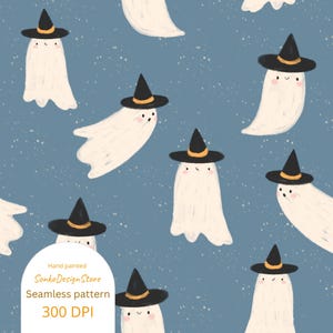 May include: A repeating pattern of friendly white ghosts, each wearing a black witch's hat with a yellow trim, on a speckled blue backdrop. The ghosts have small, smiling faces. The text "Hand painted", "SonkoDesignStore", "Seamless pattern", and "300 DPI" is also visible.