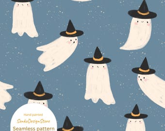Ghost Halloween Seamless Pattern, Hand-Painted Digital Paper
