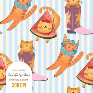 May include: Seamless pattern featuring orange tabby cats with various designs. Some cats are in cowboy boots, watermelon slices, and blue ruffled collars. The background has vertical blue and cream stripes. The text "Hand painted", "SonkoDesignStore", "Seamless pattern", and "300 DPI" is visible.