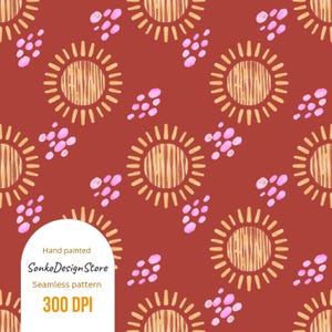 Watercolor Boho Sun Seamless Pattern: Commercial Use Digital Paper (300 DPI JPG File)