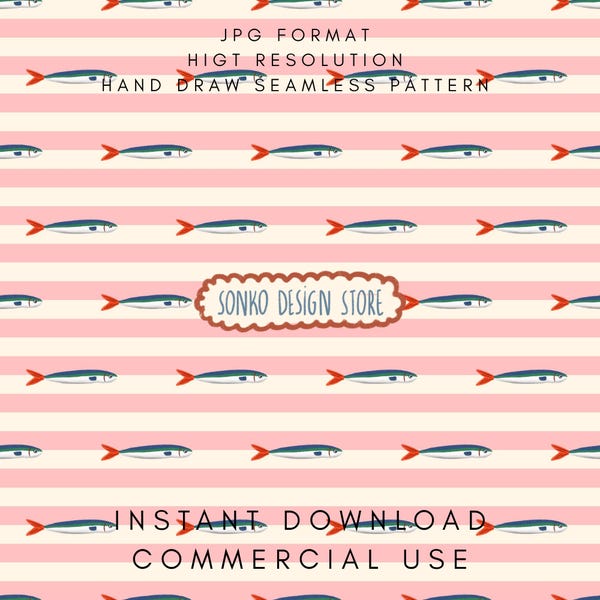 Sardines Seamless Repeat Pattern, Coastal Fabric Design, Stripes and Fish Pattern