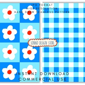 Könnte beinhalten: Zwei digitale nahtlose Muster. Eines zeigt weiße Gänseblümchen mit roten Zentren auf einem blau karierten Hintergrund. Das andere ist ein blau-weißes Vichy-Muster. Das Bild enthält den Text "JPG FORMAT", "HIGH RESOLUTION", "HAND DRAW SEAMLESS PATTERN", "SONKO DESIGN STORE", "INSTANT DOWNLOAD" und "COMMERCIAL USE".