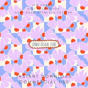 May include: A digital seamless pattern featuring stylized pink flowers with orange tips on a blue and cream checkered background. The image includes the text "JPG FORMAT", "HIGT RESOLUTION", "HAND DRAW SEAMLESS PATTERN", "SONKO DESIGN STORE", "INSTANT DOWNLOAD", and "COMMERCIAL USE".