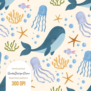 May include: A seamless pattern featuring hand-painted illustrations of marine life. The design includes a blue whale, jellyfish, starfish, fish, and coral on a cream background. The text "Hand painted", "SonkoDesignStore", "Seamless pattern", and "300 DPI" is also included.