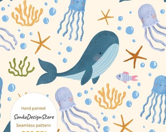 Whale & Octopus Seamless Pattern: Marine Life Digital Paper (Commercial Use, 3000x3000 px JPG File)