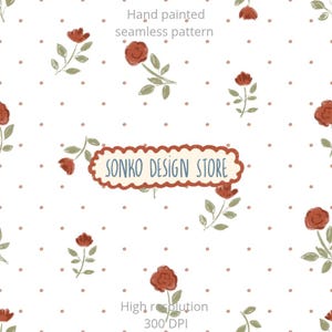 Puede incluir: Patrón sin costuras pintado a mano con flores rojas y hojas verdes sobre fondo blanco con pequeños puntos marrones. El texto "SONKO DESIGN STORE" está en un marco decorativo. Alta resolución, 300 DPI.