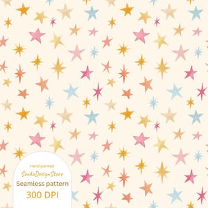 May include: A seamless pattern featuring a variety of watercolor stars in shades of pink, yellow, blue, and orange on a cream background. The pattern is hand-painted and has a 300 DPI resolution. The text "Hand painted SonkoDesignStore Seamless pattern 300 DPI" is included in the image.
