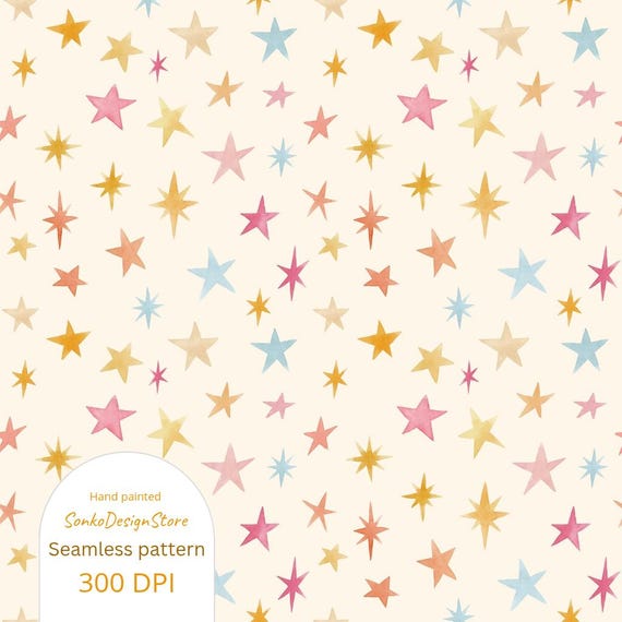 Watercolor Star Seamless Pattern: Hand-Painted Kids Fabric, Scrapbooking (Digital Download, 300 DPI JPG Files)