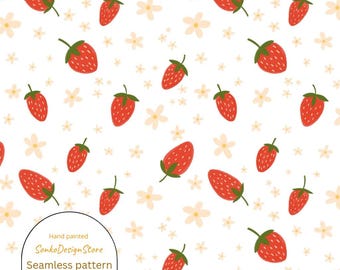 Watercolor Strawberry Seamless Pattern, Fabric Print, Commercial Use, Digital Download