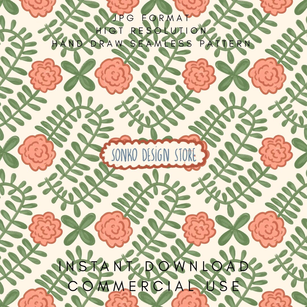 Retro Flowers Seamless Repeat Pattern, Hand Drawn Floral Fabric Design ...