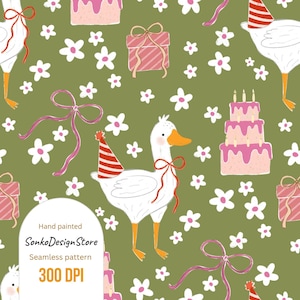 May include: Seamless pattern featuring white geese wearing party hats, pink birthday cakes, wrapped gifts, and white flowers on a green background. The text "Hand painted", "SonkoDesignStore", "Seamless pattern", and "300 DPI" is also visible.