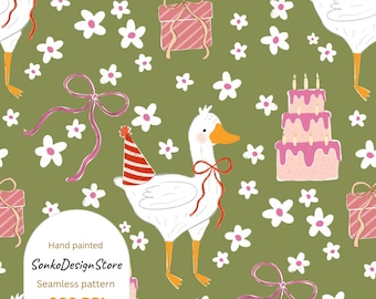Silly Goose Seamless Pattern: Hand-Painted Birthday Design (Digital Paper, Commercial Use)