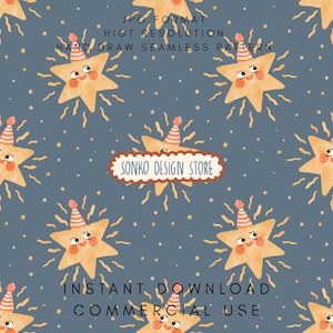 May include: A seamless pattern featuring smiling yellow stars wearing party hats, radiating light bursts, and scattered dots on a blue background. The text "SONKO DESIGN STORE" is in a decorative banner. Additional text includes "JPG FORMAT", "HIGH RESOLUTION", "HAND DRAW SEAMLESS PATTERN", "INSTANT DOWNLOAD", and "COMMERCIAL USE".