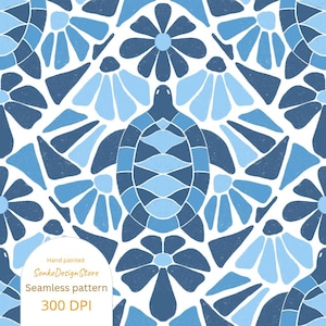 May include: A seamless pattern with a repeating design of turtles and floral elements in various shades of blue on a white background. The design includes the text "Hand painted", "SonkoDesignStore", "Seamless pattern", and "300 DPI".