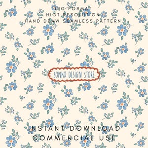 May include: A seamless pattern featuring watercolor-style blue flowers and green leaves on a cream background. The design includes the text "SONKO DESIGN STORE", "INSTANT DOWNLOAD", and "COMMERCIAL USE".