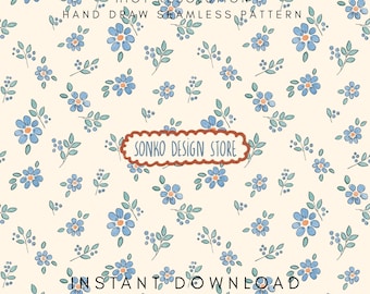 Retro Wildflowers Seamless Repeat pattern, Watercolour Floral Digital Paper, Delicate Fabric Design