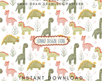 Watercolor Dinosaur Seamless Pattern, Pastel Nursery Fabric (JPG)