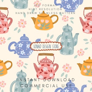 Puede incluir: Un patrón repetitivo de teteras dibujadas a mano en tonos rosa, azul y amarillo, adornadas con motivos florales. El diseño incluye el texto "SONKO DESIGN STORE" y "INSTANT DOWNLOAD COMMERCIAL USE".