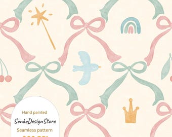 Watercolor bows Seamless pattern, Girly delicate repeating file, Hand drawn Princess design