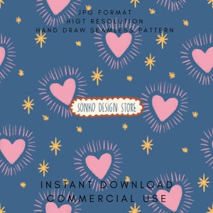 May include: Seamless pattern design featuring pink hearts with radiating lines and yellow stars on a dark blue background. The text "SONKO DESIGN STORE" is displayed on a white banner. Additional text includes "JPG FORMAT", "HIGH RESOLUTION", "HAND DRAW SEAMLESS PATTERN", "INSTANT DOWNLOAD", and "COMMERCIAL USE".